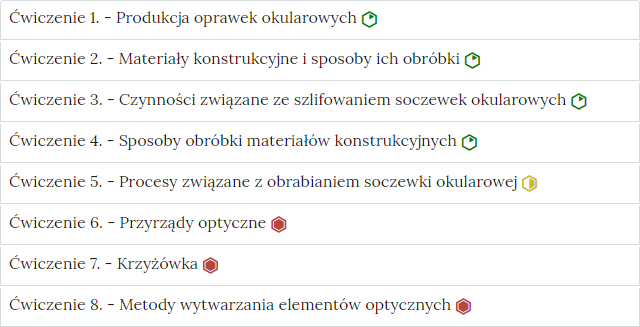 Przykładowy wygląd zakładek zawierających interaktywne materiały sprawdzające w formie listy.