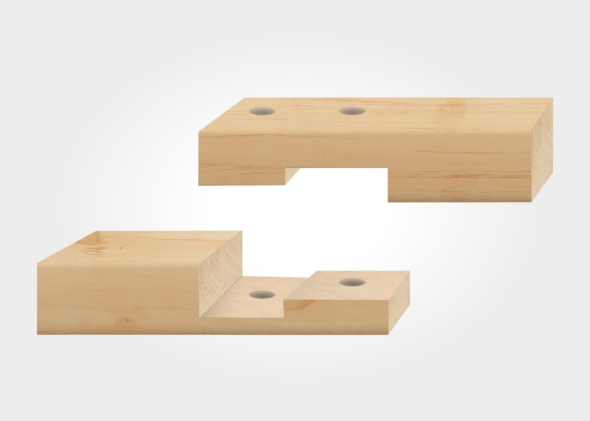 Ilustracja ukazuje złącze wrębowe na zamek prosty. W obu elementach znajdują się wycięcia w dwóch płaszczyznach. Wycięcia są do siebie dopasowane w taki sposób, iż po połączeniu elementy te tworzą jednolitą całość. W miejscach łączenia znajdują się dwa otwory na śruby.