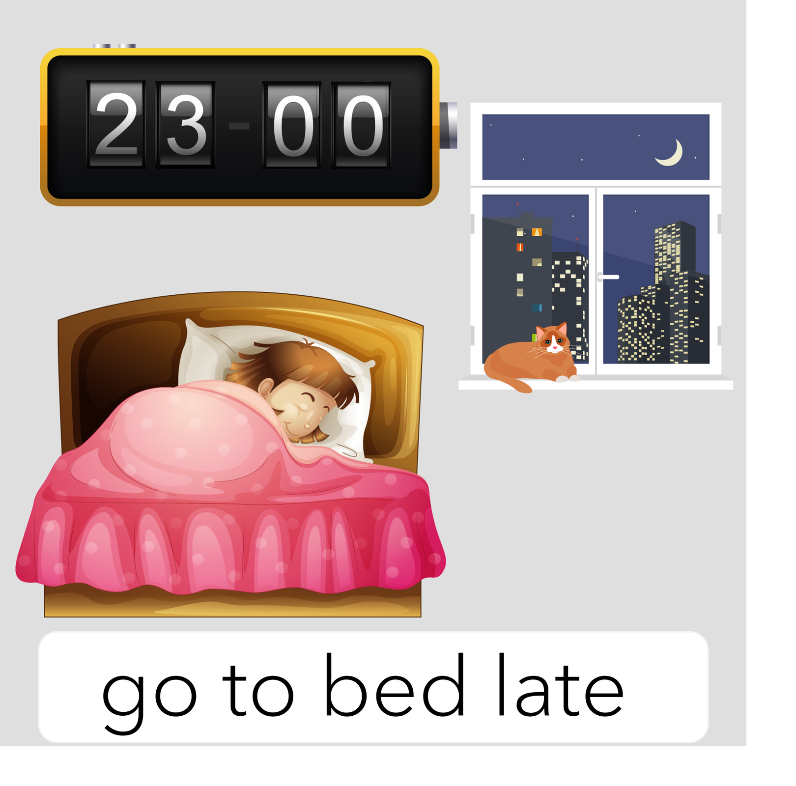 Ilustracja przedstawia grafikę ukazującą dziewczynkę śpiącą w drewnianym łóżku pod różowym kocykiem. Nad nią umieszczony jest czarny, podłużny zegar wskazujący godzinę dwudziestą trzecią. Obok widzimy okno, za którym widzimy wieżowce nocną porą, a na parapecie leży kot.  go to bed late
