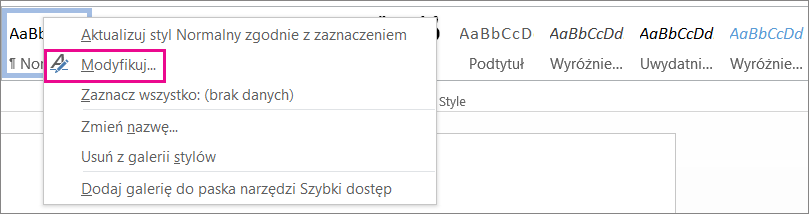 Zrzut ekranu przedstawia sekcję: style z zakładki: Narzędzia główne w programie Microsoft Word.  Po kliknięciu prawym przyciskiem myszy na jeden z styli pojawiła się lista rozwijalna, gdzie zaznaczono opcję: Modyfikuj.