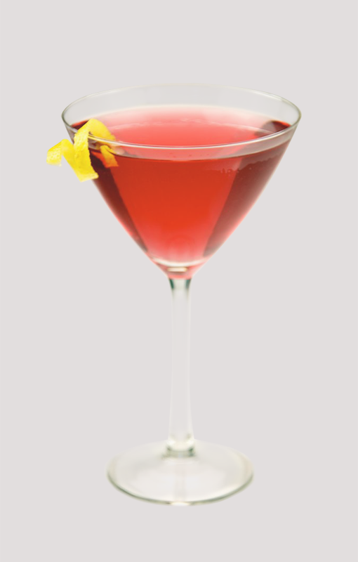 Zdjęcie przedstawia drink Cosmopolitan. Pod punktami interaktywnymi znajdują się nagrania audio prezentujące opis każdego drinka.