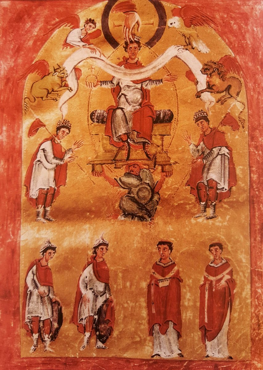 Na ilustracji znajduje się cesarz Otton III, siedzący na tronie. Scena ukazuje koronowanie go (bądź błogosławiony) przez Prawicę Pańską (Dextera Domini, Manus Dei) i podtrzymywanie przez Ziemię (Tellus). W drugim rzędzie pod nim znajduje się między innymi patrycjusz Cesarstwa, pierwszy król Polski Bolesław Chrobry. 