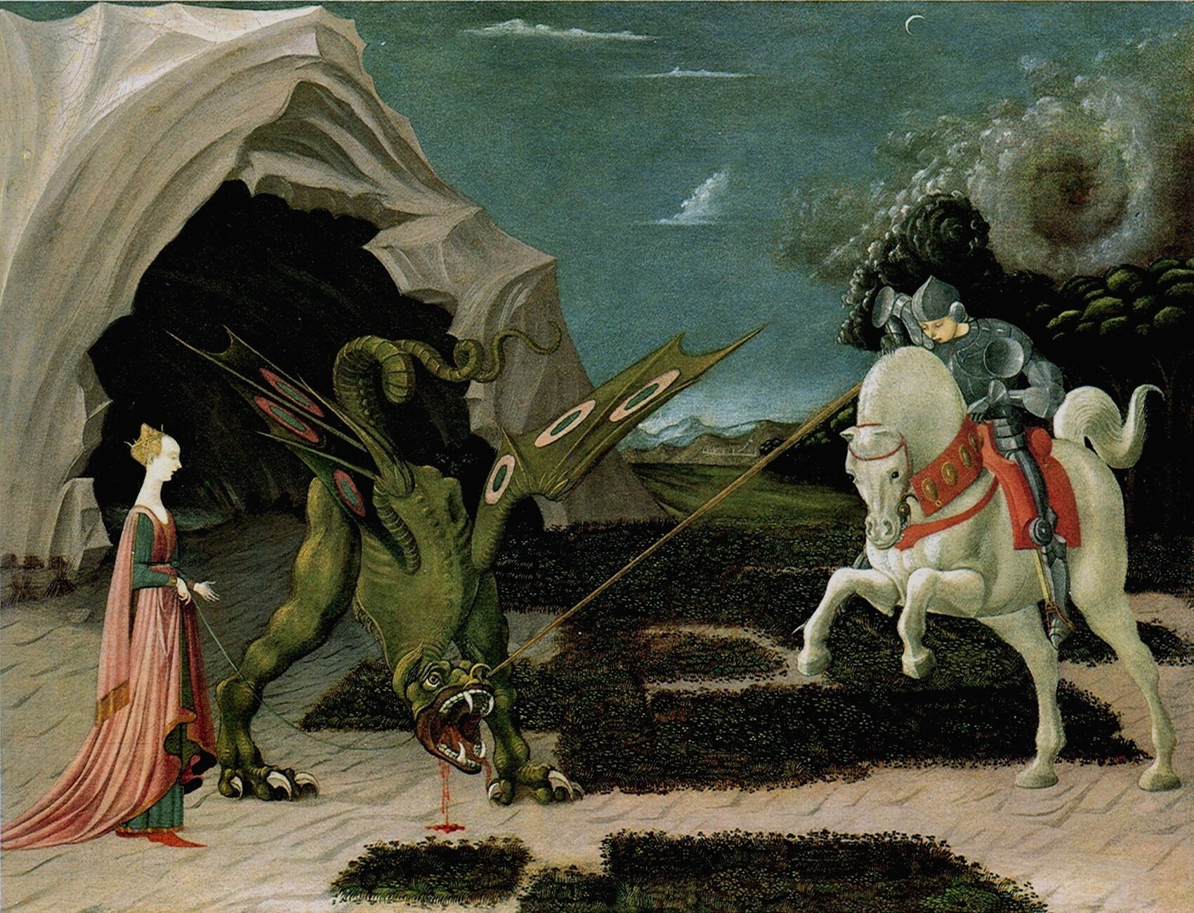 Święty Jerzy i smok Źródło: Paolo Uccello, Święty Jerzy i smok, 1455–1460, olej na płótnie., domena publiczna.