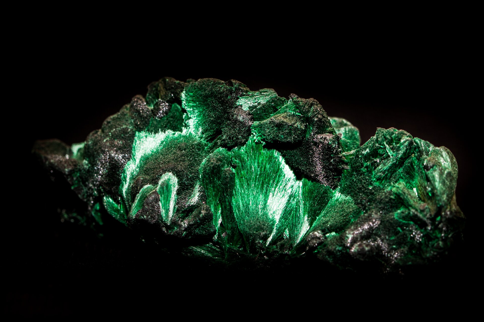 Zdjęcie przedstawia minerał o nieregularnym kształcie, ciemnozielonej barwie z czarnymi dodatkami.  