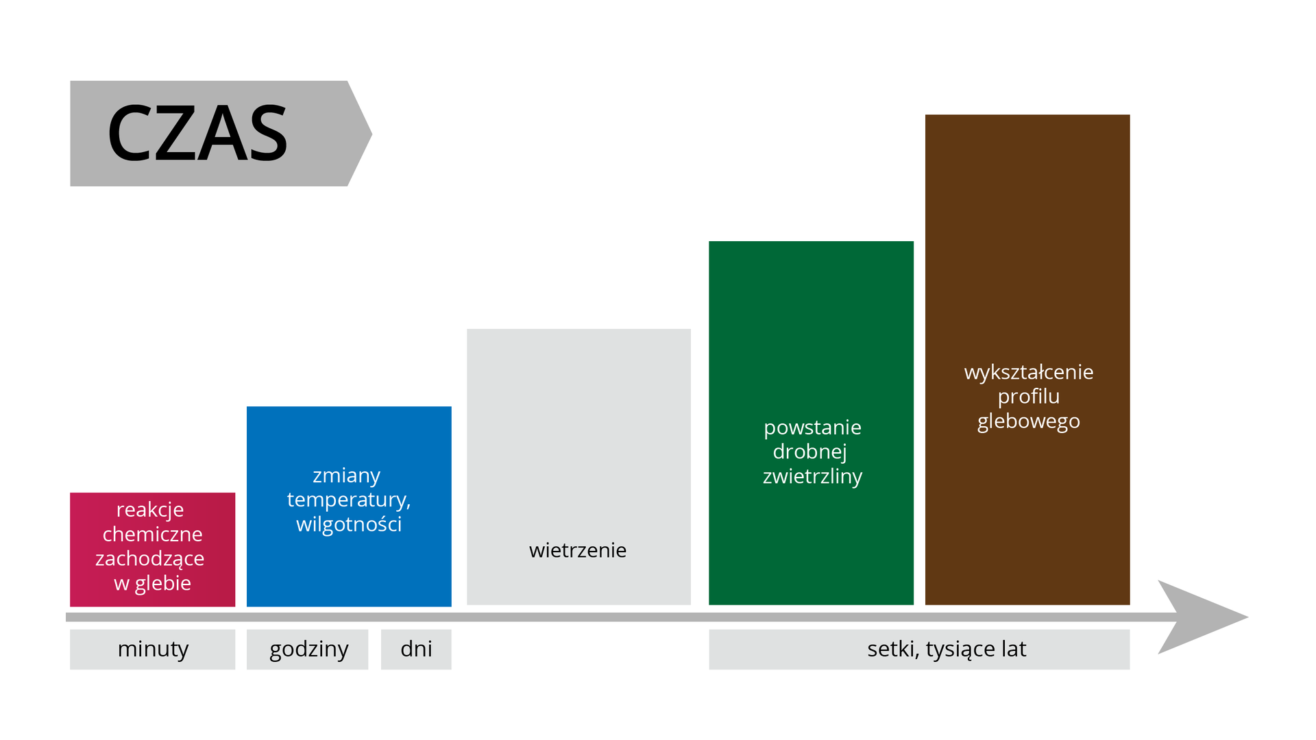 Schemat wpływu czasu na właściwości gleby. Schemat przedstawia strzałkę skierowaną w prawo oznaczającej czas. Od lewej strony pod strzałką są napisy: minuty, godziny, dni, setki, tysiące lat. Nad strzałką są kolumny w różnych kolorach -od lewej strony od najniższej do najwyższej. Nad minutami jest kolumna opisana jako reakcje chemiczne zachodzące w glebie. Nad godzinami i dniami - zmiany temperatury i wilgotności. Następnie jest kolumna z napisem: wietrzenie. Nad setkami i tysiącami lat są kolejno kolumny: niższa z opisem powstanie drobnej zwietrzeliny oraz najwyższa - wykształcenie profilu glebowego.