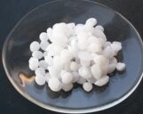 Zdjęcie przedstawia białe granulki ługu na szklanym talerzu. 
