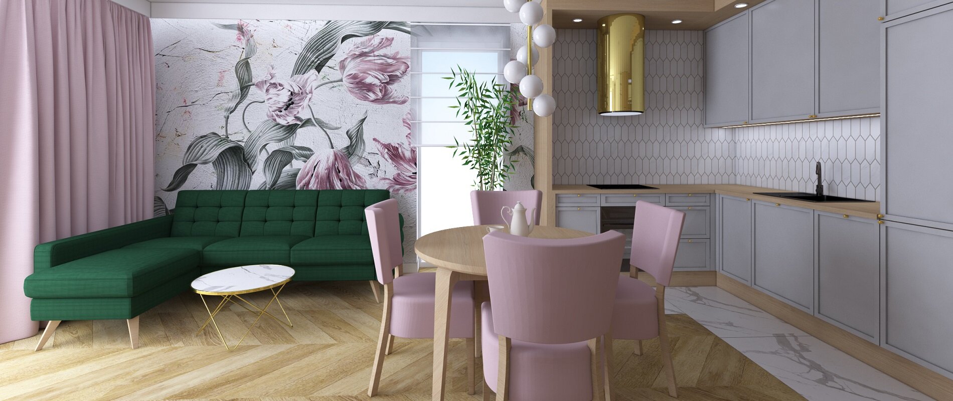 Zdjęcie przedstawia wnętrze mieszkalne. Jest to salon z aneksem kuchennym. Podłoga w części salonowej jest jasna, drewniana w jodełkę, a w części kuchennej jest to biało‑szary marmur. Ściany także są jasne - w salonie widoczny jest akcent kwiatowy, którego liście są w kolorze jasnej zieleni, a kwiaty jasnego fioletu. Po lewej stronie znajdują się jasno różowe zasłony w oknach. W kuchni ściany są koloru jasno szarego, na których widoczny jest wzór „plastra miodu”. Meble także są jasne - w kuchni jasno szare z jasnym, drewnianym blatem, w salonie stolik jest marmurowy (biało szary) i posiada złote nóżki. Widoczny jest silny akcent kolorystyczny w postaci ciemno zielonej kanapy narożnikowej. Między kanapą a kuchnią znajduje się jasny, drewniany stolik jadalniany oraz cztery jasno różowe krzesła.