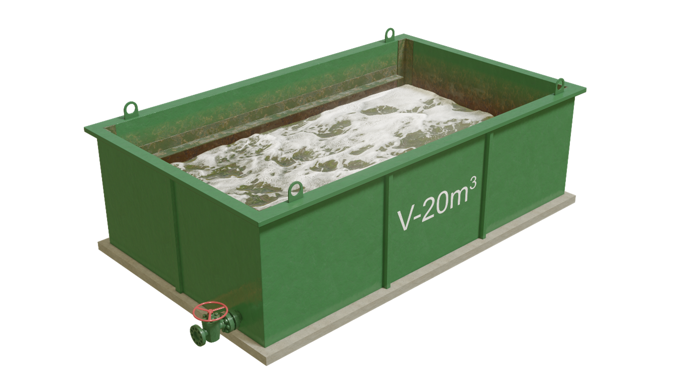 Na zdjęciu przedstawiony jest zielony, zbiornik na ciecz roboczą. Zbiornik znajduje się na betonowej podstawie w kształcie prostopadłościanu. Zbiornik przypomina kontener na śmieci. Jest przedstawiony pod kątem. W jego lewej części znajduje się zielony zawór z czerwonym pokrętłem u góry. W środku zbiornika widoczne są ślady rdzy. Zbiornik wypełniony jest cieczą przypominającą wzburzoną wodę. Na ścianie kontenera znajduje się napis V myślnik dwadzieścia metrów sześciennych.