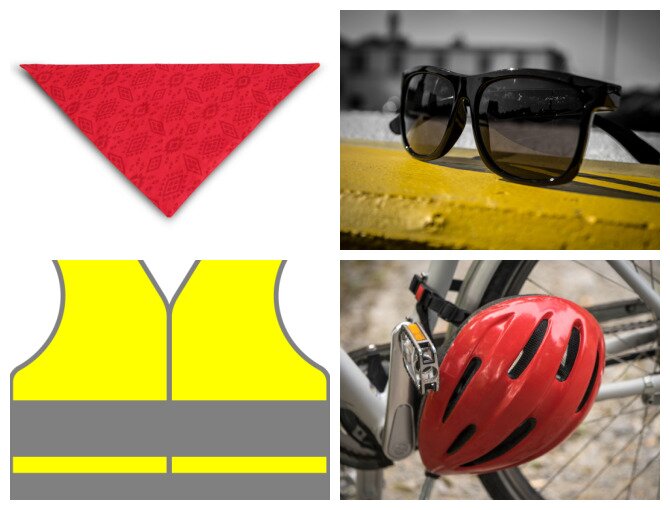 Ilustracja składa się z dwóch grafik i dwóch zdjęć. W lewym górnym rogi widoczna jest grafika przedstawiająca czerwoną chustkę złożoną w trójkąt. W prawym górnym rogu widoczne jest zdjęcie przedstawiające czarne okulary przeciwsłoneczne. W lewym dolnym rogi widoczna jest grafika przedstawiająca jaskrawożółtą kamizelkę ostrzegawczą. W prawym dolnym rogi widoczne jest zdjęcie przedstawiające czerwony kask ochronny rowerzysty, przewieszony do ramy roweru na wysokości pedału. 
