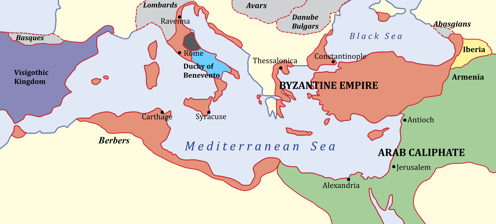 Grafika mapy przedstawiającej Cesarstwo Bizancjum około 650 po utracie części prowincji.