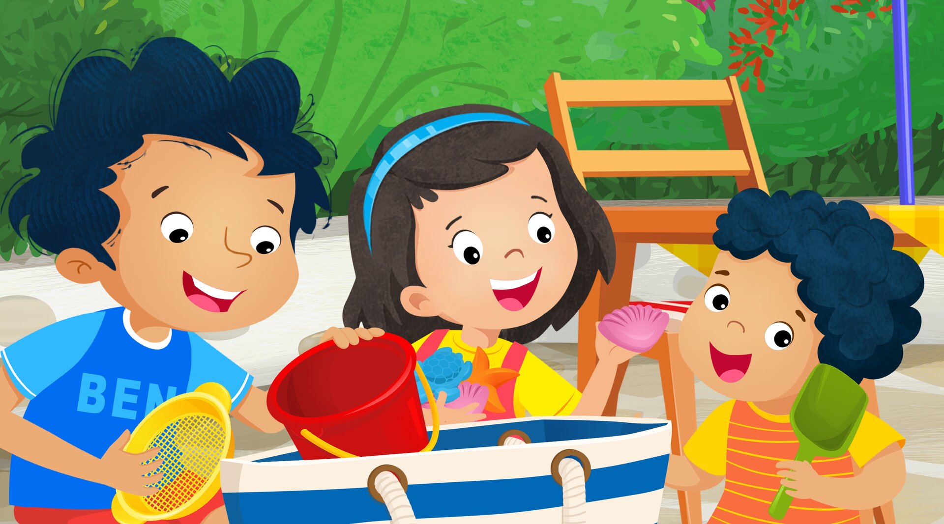 Ilustracja przedstawia dzieci wyciągające z toby sitko, wiaderko, foremki i łopatkę.