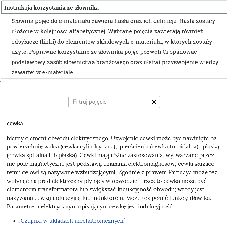 Grafika przedstawia widok na górną część słownika. Na górze znajduje się otwarty panel z instrukcją. Niżej widoczne jest pole do filtrowania haseł. Na dole znajduje się hasło wraz z definicją.
