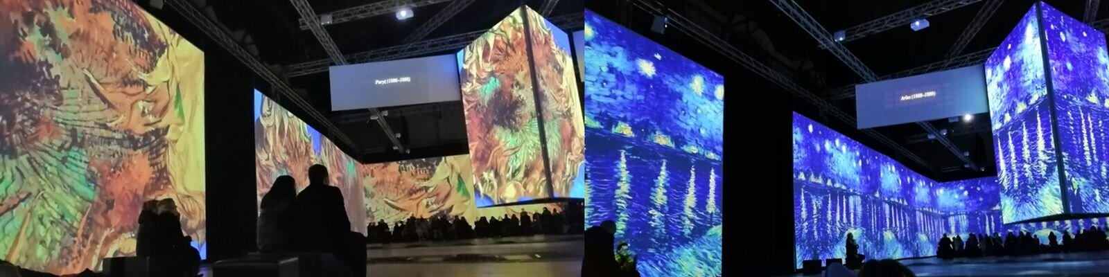 Zdjęcie jest podzielone na dwie części. W każdej z nich przedstawiona jest wystawa multimedialna malarstwa  Vincenta van Gogha [czytaj: wincenta wan goga]. Na ekranach są wyświetlane różne projekcje. Różnią się one temperaturą barw, to znaczy, że z jednej strony jest projekcja w barwach zimnych, z drugiej w barwach ciepłych. 