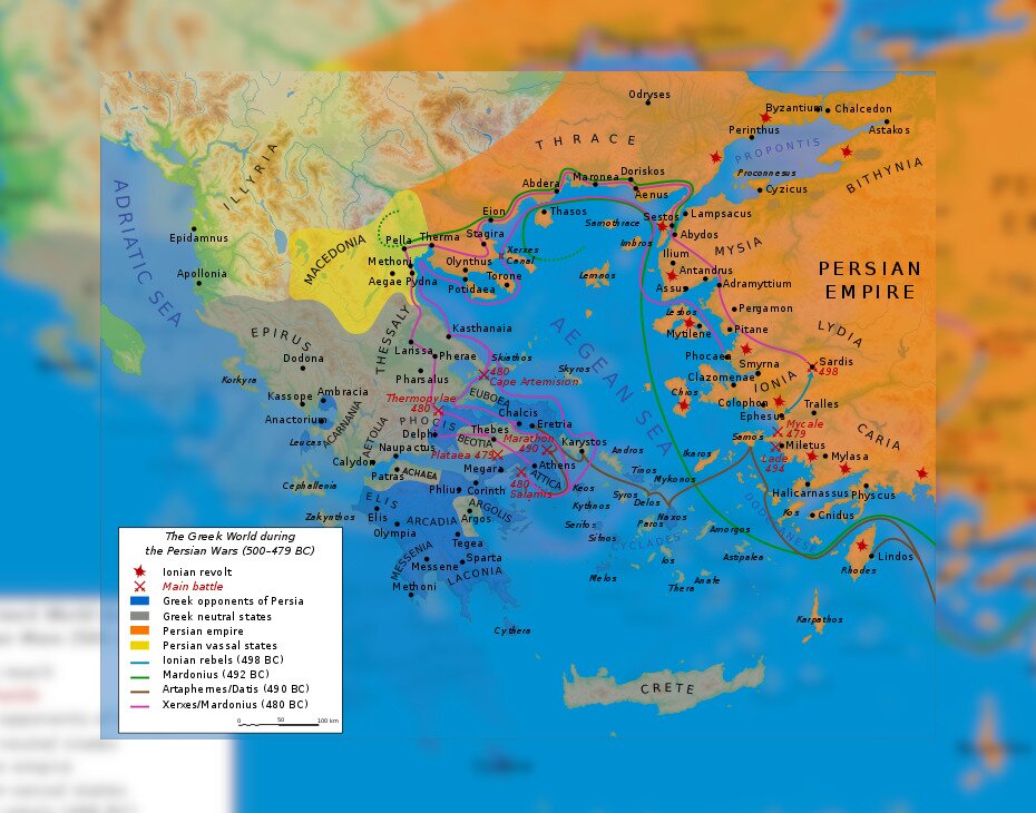 Mapa przedstawia przebieg wojen perskich pomiędzy imperium perskim a greckimi poleis. Odnotowane są tu działania wojenne na Półwyspie Bałkańskim, w Azji Mniejszej, na obszarze Morza Egejskiego, a także bitwa pod Maratonem, pod Termopilami, pod Platejami i pod Mykale praz bitwa morska pod Salaminą.