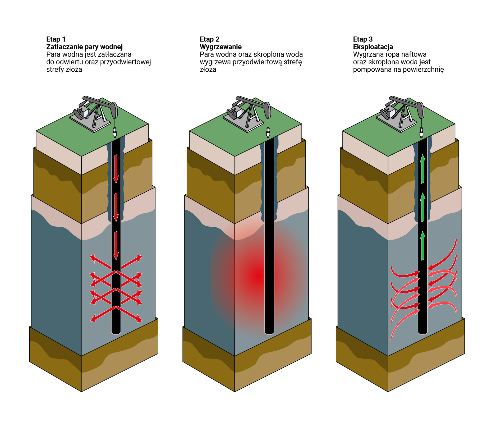 Na zdjęciu pokazano trzy animowane grafiki przedstawiające etapy wygrzewania odwiertu parą wodną.Na każdym ze zdjęć widoczny jest przekrój gruntu z odwiertem. Odwiert przechodzi przez trzy warstwy gruntu. Poniżej trzeciej warstwy widoczna jest czwarta warstwa do której odwiert nie dochodzi. Nad odwiertem widoczny jest kiwon pompowy.Na zdjęciu pierwszym w odwiercie narysowane są trzy pionowe czerwone strzałki. W drugiej warstwie od dołu (w ostatniej do której sięga odwiert) widać prostopadłe czerwone strzałki odchodzące w każdą stronę od odwiertu. Nad rysunkiem znajduje się napis: etap pierwszy. Zatłaczanie pary wodnej. Para wodna jest zatłaczana do odwiertu oraz przyodwiertowej strefy złożowej.na rysunku drugim wokół odwiertu znajdującego się w ostatniej warstwie narysowany jest czerwony obszar. Obszar jest o kształcie kuli której punkt środkowy stanowi odwiert. Nad rysunkiem znajduje się napis: Etap drugi. Wygrzewanie. Para wodna oraz skroplona woda wygrzewa przyodwietową strefę złoża.Na trzecim rysunku w ostatniej warstwie do której sięga odwiert naniesione są czerwone strzałki  skierowane w stronę otworu. W otworze biegną trzy zielone pionowe strzałki, których groty zwrócone są do góry. Nad rysunkiem znajduje się napis: Etap trzeci. Eksploatacja. Wygrzana ropa naftowa oraz skroplona woda jest pompowana na powierzchnię.