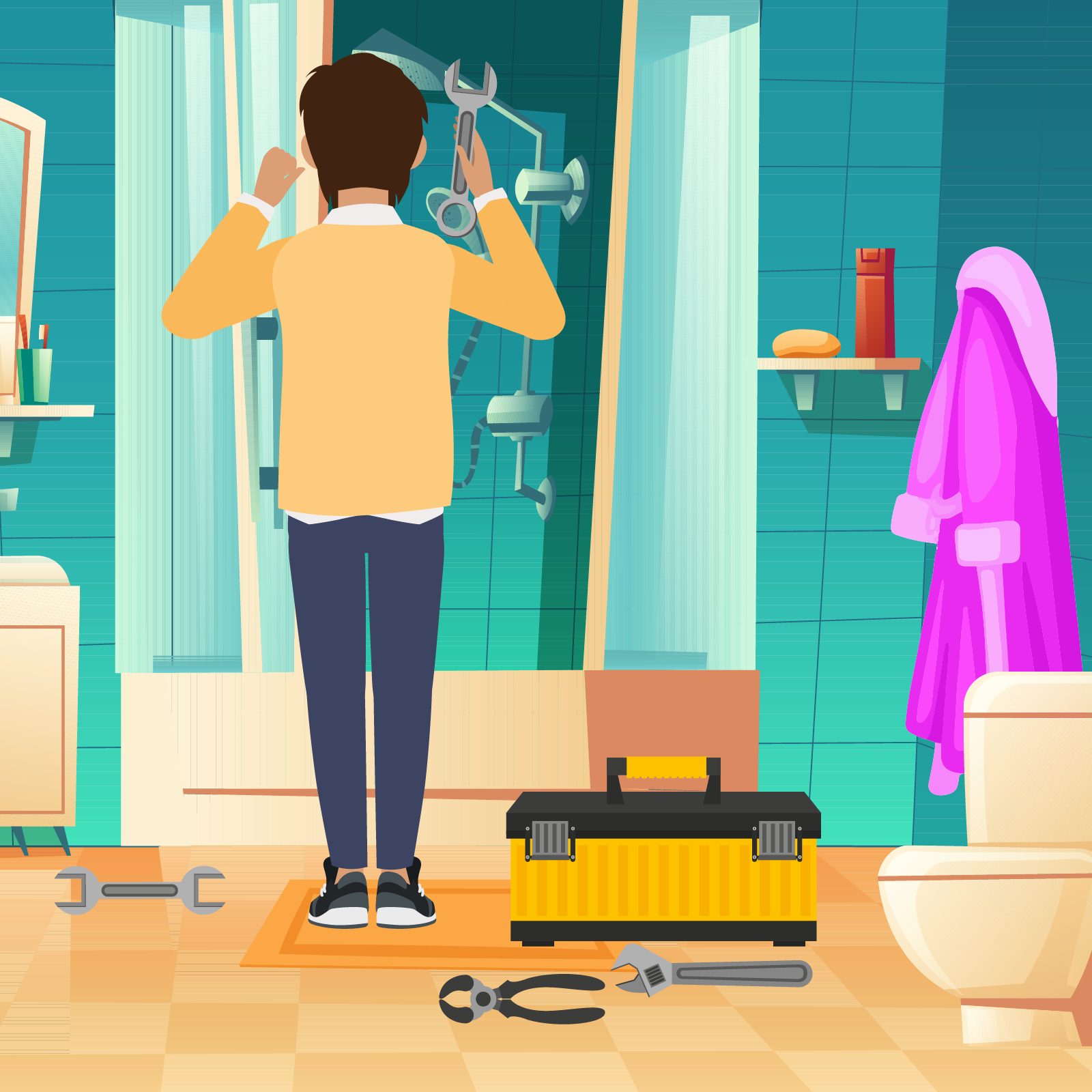 Ilustracja ukazuje łazienkę, w której tata Mii naprawia prysznic. Na podłodze leży skrzynia a obok niej narzędzia. 