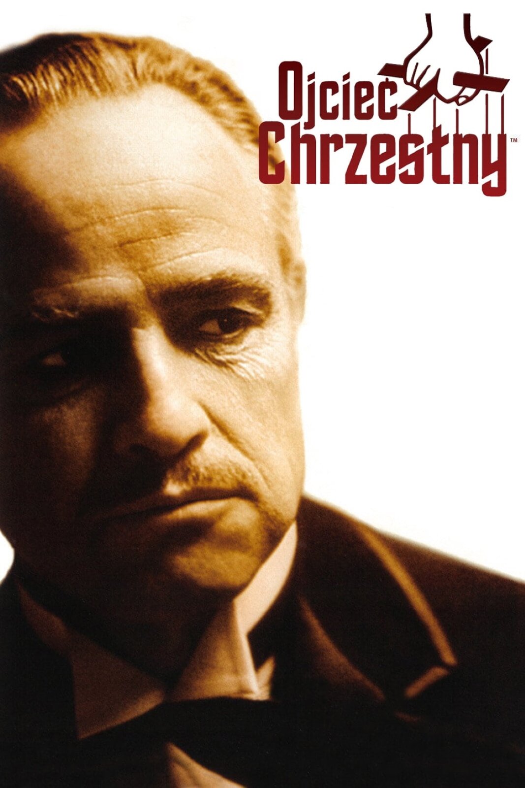 Plakat do filmu pod tytułem „Ojciec Chrzestny”. Na białym tle umieszczono wizerunek mężczyzny oraz, w prawym górnym rogu – napis „Ojciec Chrzestny” wraz z grafiką – dłoń trzymająca skrzyżowane prostokątne elementy służące do trzymania marionetek. Plakat przedstawia mężczyznę o krótkich, siwych włosach oraz krótkim zaroście. Na jego twarzy obecne są głębokie zmarszczki. Mężczyzna patrzy z swoją lewą stronę, przechylając twarz w przeciwnym kierunku. Ubrany jest w czarną marynarkę i białą koszulę. 