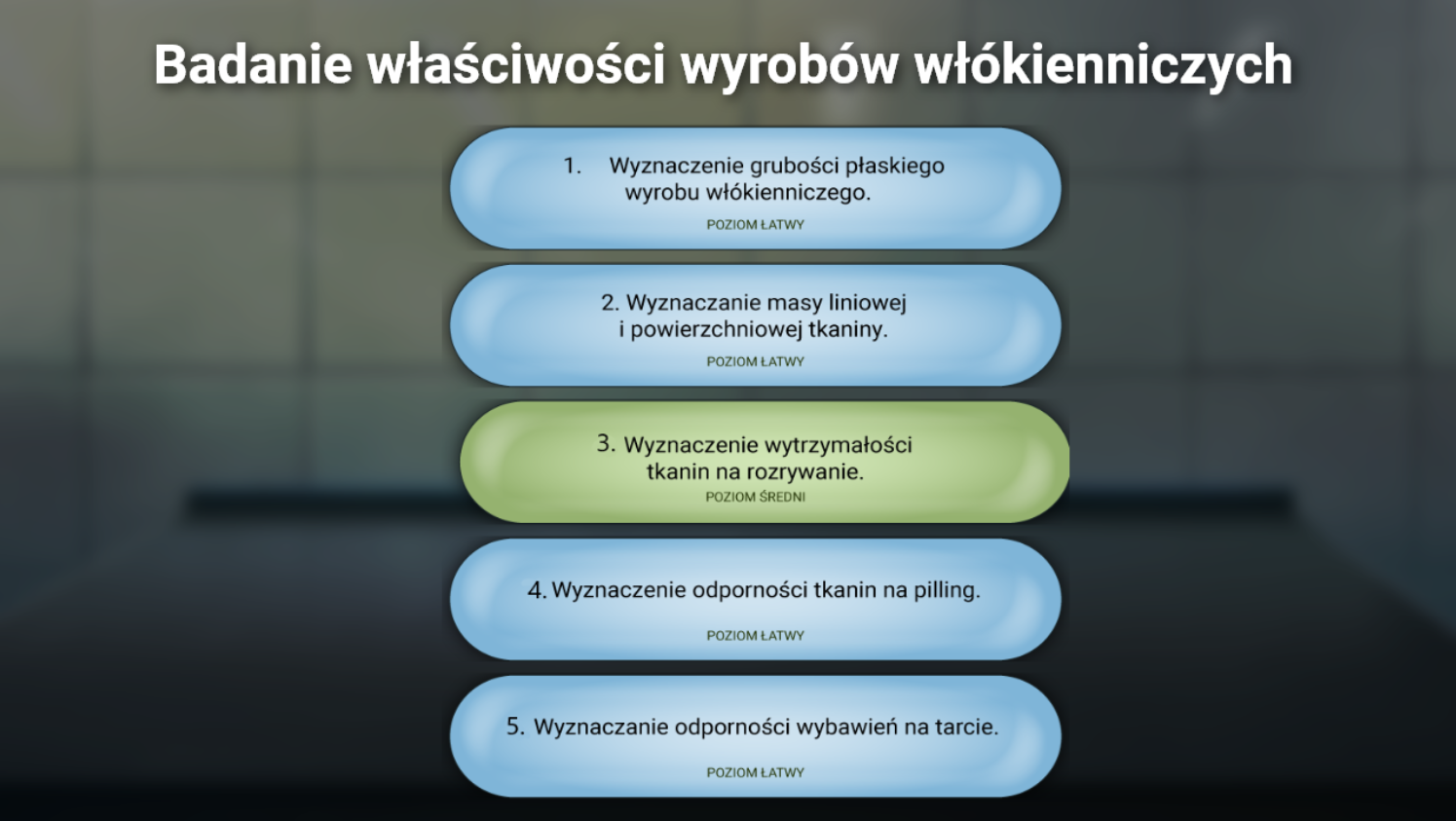 Ekran wyboru poziomu wirtualnego laboratorium