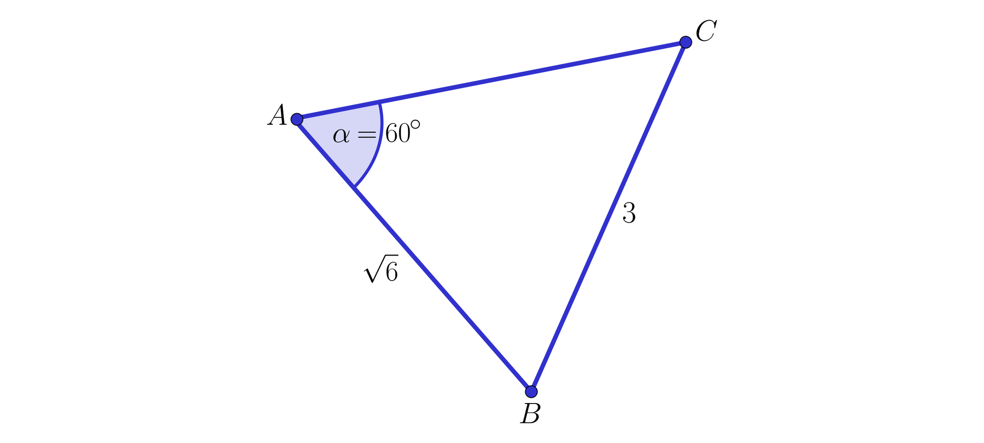 Ilustracja przedstawia trójkąt A B C. Bok BO ma długość 3, kąt BCA ma miarę α=60°.  Bok AB ma miarę 6.