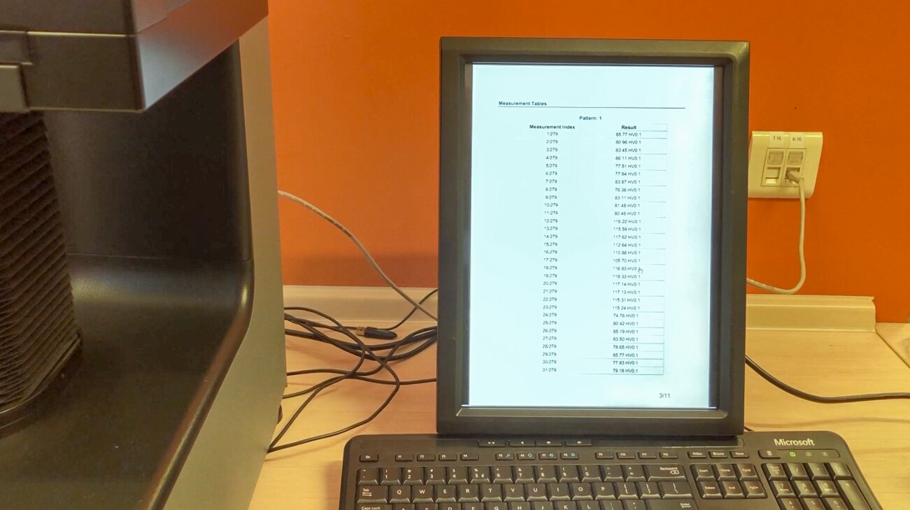 Wyniki pomiaru twardości - tabela wartości twardości w poszczególnych punktach