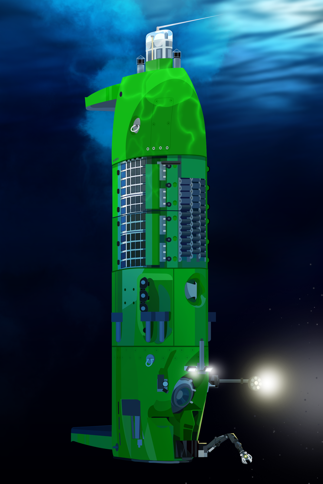 Grafika prezentuje statek podwodny – batyskaf. Batyskaf ma kształt przypominający wąski walec ustawiony pionowo. Jego obudowa ma zielony kolor. W dolnej części znajdują się światła zewnętrzne oraz chwytak, który umożliwia łapanie elementów poza batyskafem.