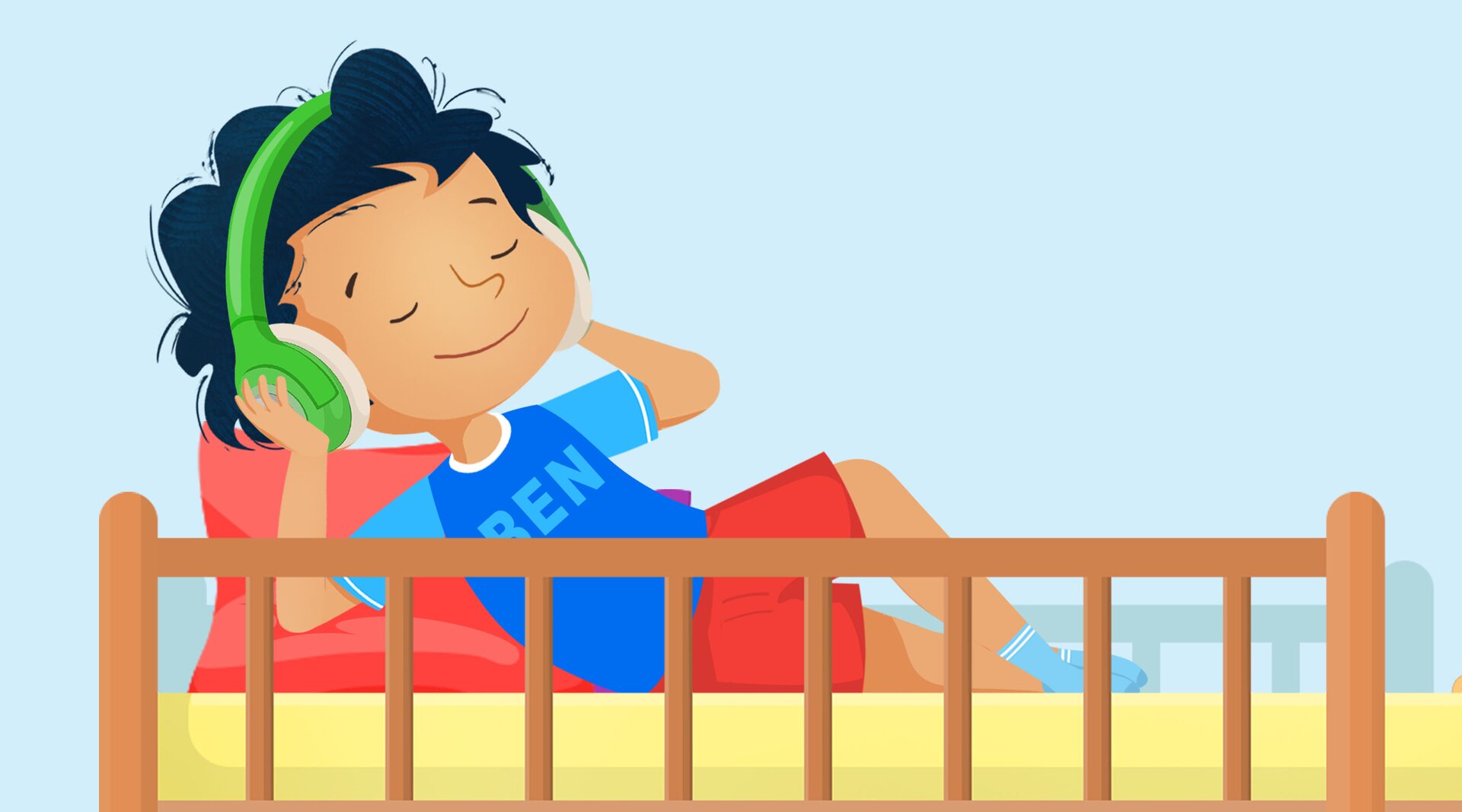 Na ilustracji znajduje się chłopiec, który słucha muzyki