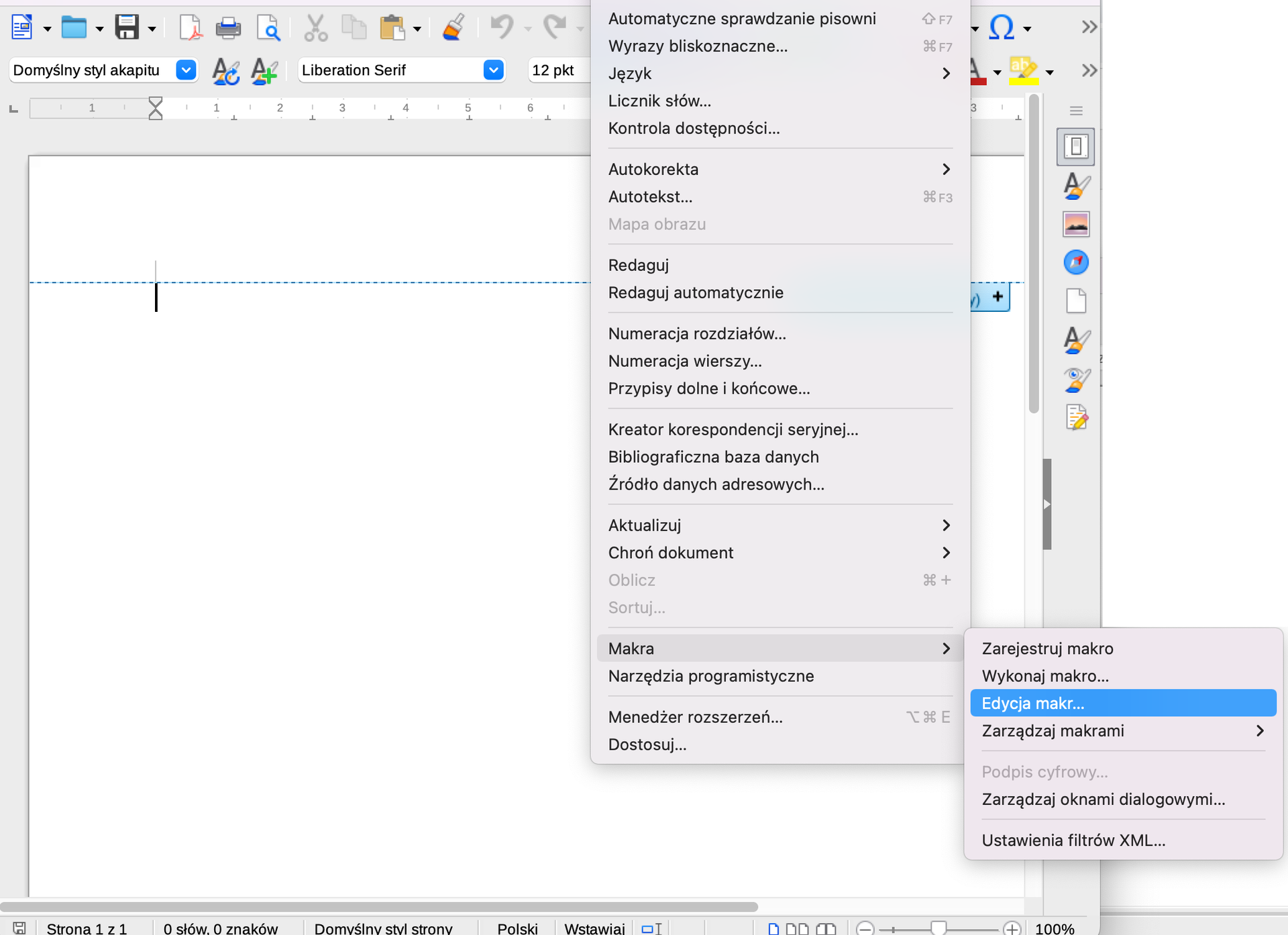 Ilustracja przedstawia fragment dokumentu w programie  LibreOffice Writer . W górnym pasku widoczne są ikonki programu. Po prawej stronie dokumentu rozwinięta jest podłużna lista menu z następującymi pozycjami: Automatyczne sprawdzanie pisowni, Wyrazy bliskoznaczne…, Język, Licznik słów…, Kontrola dostępności…, Autokorekta, Autotekst…, wyszarzone pole Mapa obrazu, Redaguj, Redaguj automatycznie, Numeracja rozdziałów…, Numeracja wierszy…, Przypisy dolne i końcowe…, Kreator korespondencji seryjnej…, Bibliograficzna baza danych, Źródło danych adresowych…, Aktualizuj, Chroń dokument, wyszarzone pole Oblicz, wyszarzone pole Sortuj, Makra, Narzędzia programistyczne, Menedżer rozszerzeń…, Dostosuj. Opcja Makra jest zaznaczona, obok widać rozwiniętą listę z listą wyboru: Zarejestruj makro, Wykonaj makro…, Edycja makr…, Zarządzaj makrami, wyszarzone pole Podpis cyfrowy…, Zarządzaj oknami dialogowymi…, Ustawienia filtrów XML… . Z tej listy wybrana jest opcja: Edycja makr…  