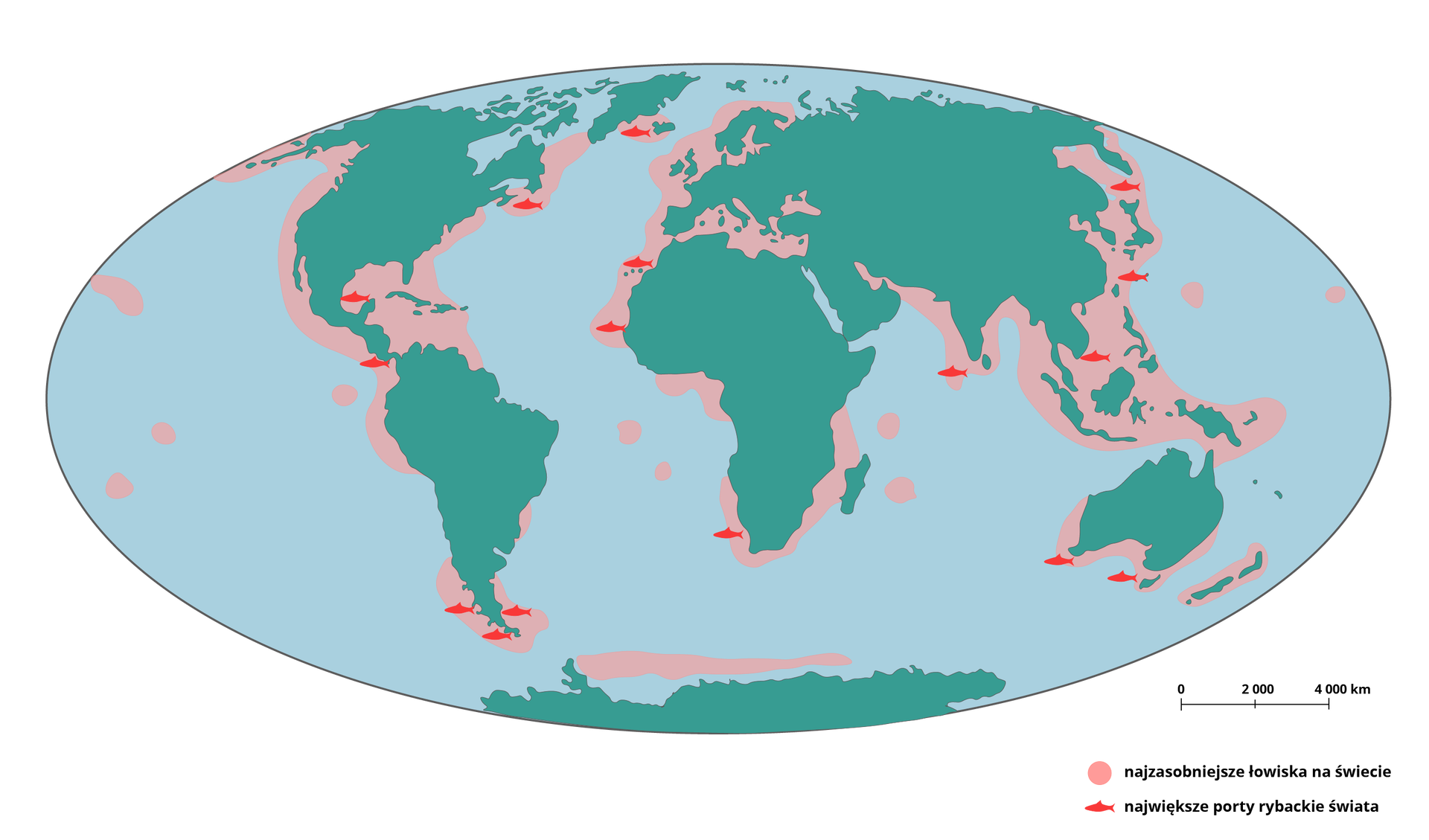 Mapa przedstawia obszary rybołówstwa morskiego. Obszary te są zaznaczone na niebiesko. Są to głównie wybrzeża kontynentów oraz okolice archipelagów tj. Hawaje, Nowa Zelandii czy wyspy w okolicach Indonezji. Duży obszar znajduje się równolegle na północ od Antarktydy, jak i pomiędzy Islandią, a Grenlandią. Obszarami łowiskowymi są morza: Śródziemne, Czarne i Bałtyckie.