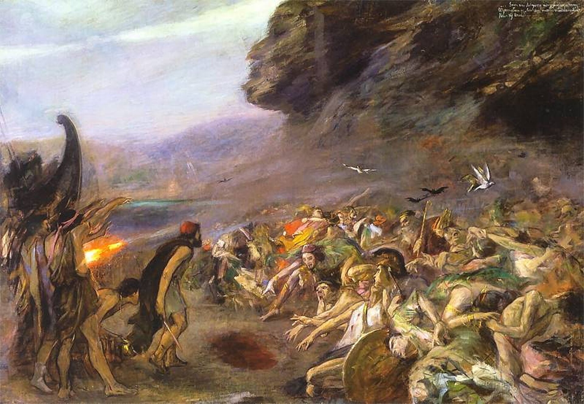 Obraz „Odyseusz pod ziemią w Hadesie" przedstawia scenę wejścia Odyseusza do krainy umarłych. Z lewej strony znajduje się morze i przycumowany do brzegu statek, po prawej wysokie, strome skały. Jedna z nich przypomina ludzką twarz. Odyseusz z towarzyszami stoją przed tłumem istot zmierzających do Hadesu. Jest ich bardzo dużo, mają straszne twarze, szarpią się między sobą. Niektórzy patrzą na stojącego z mieczem Odyseusza i jego towarzyszy. Heros stoi bokiem do widza, nosi szarą tunikę, czarną pelerynę i czerwone nakrycie głowy. Za nim stoi trzech jego marynarzy. Tuż przed nim znajduje się zagłębienie pełne krwi. Zmarli wyciągają do niego ręce. Część z nich próbuje wstać i się poruszać, inni leżą bez ruchu. Nad potępionymi latają białe i czarne ptaki. W lewej części obrazu tło stanowi jasne niebo.