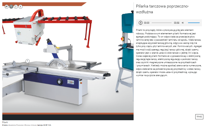 Grafika obrazuje przykładowy wygląd wyświetlania opisów umieszczonych pod znacznikami. Po lewej stronie ekranu znajduje się zdjęcie, a po prawej ramka z tekstem oraz znajdującym się nad nim paskiem odtwarzania. W lewym górnym rogu widnieją ponumerowane znaczniki.