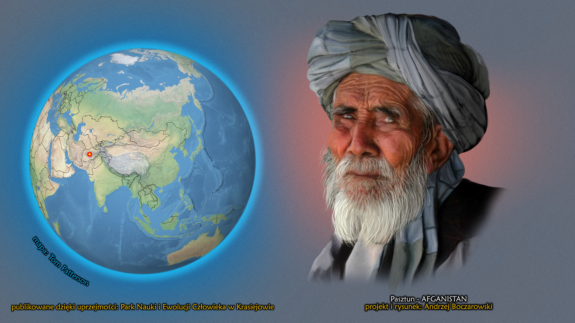 Na ilustracji po lewej stronie kula ziemska, punktem zaznaczony jest Afganistan. Obok twarz starego mężczyzny z długą, siwą brodą. Dobrze zbudowany, twarz o wyraźnych rysach. Duży nos, wydatne, krzaczaste brwi. Ciemna, opalona skóra. Na głowie ma turban. Podpis – Pasztun.
