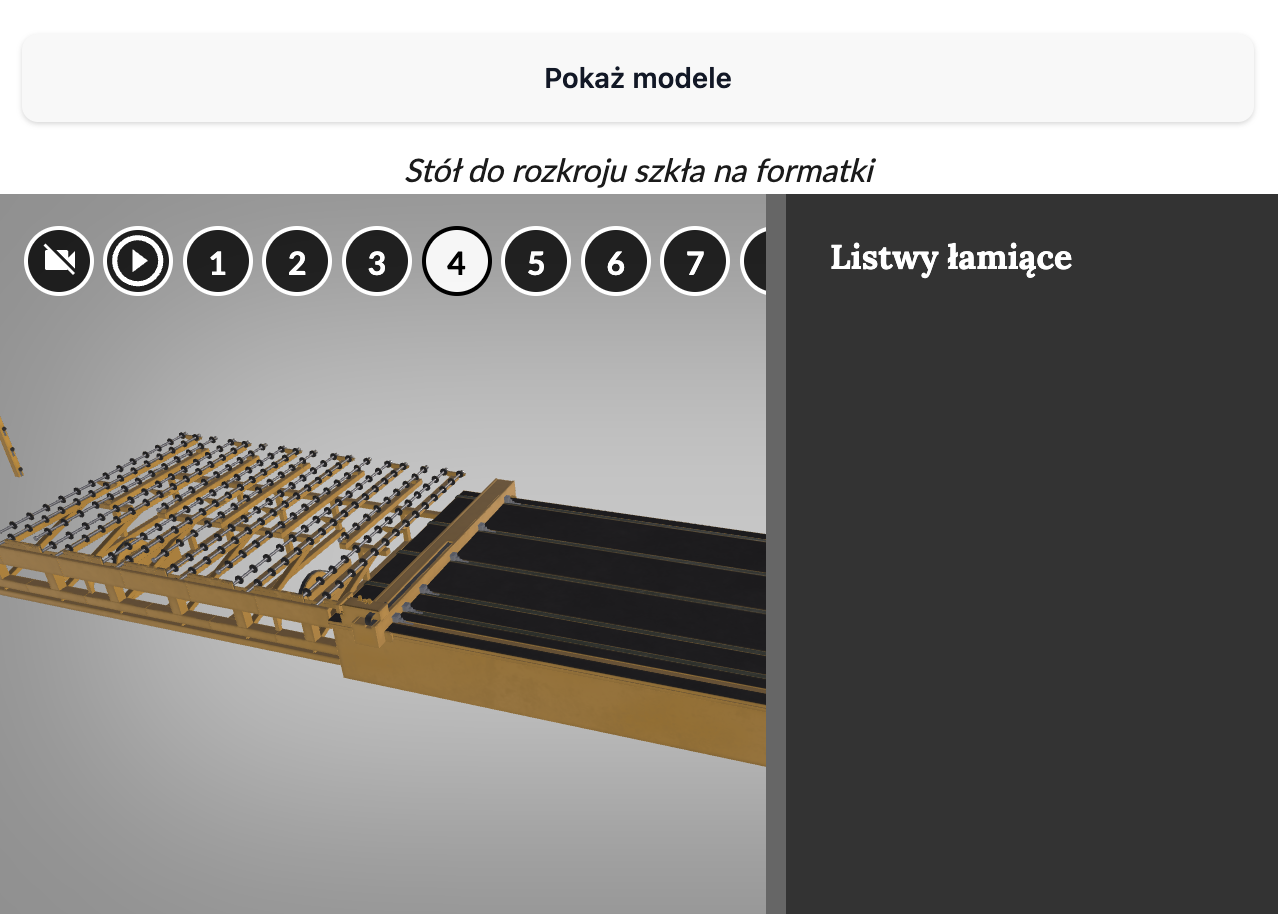 Ilustracja przedstawia Model 3D stołu do rozkroju szkła na formatki. Na ekranie wyświetlony jest czwarty interaktywny punkt z treścią dotyczącą listw łamiących.