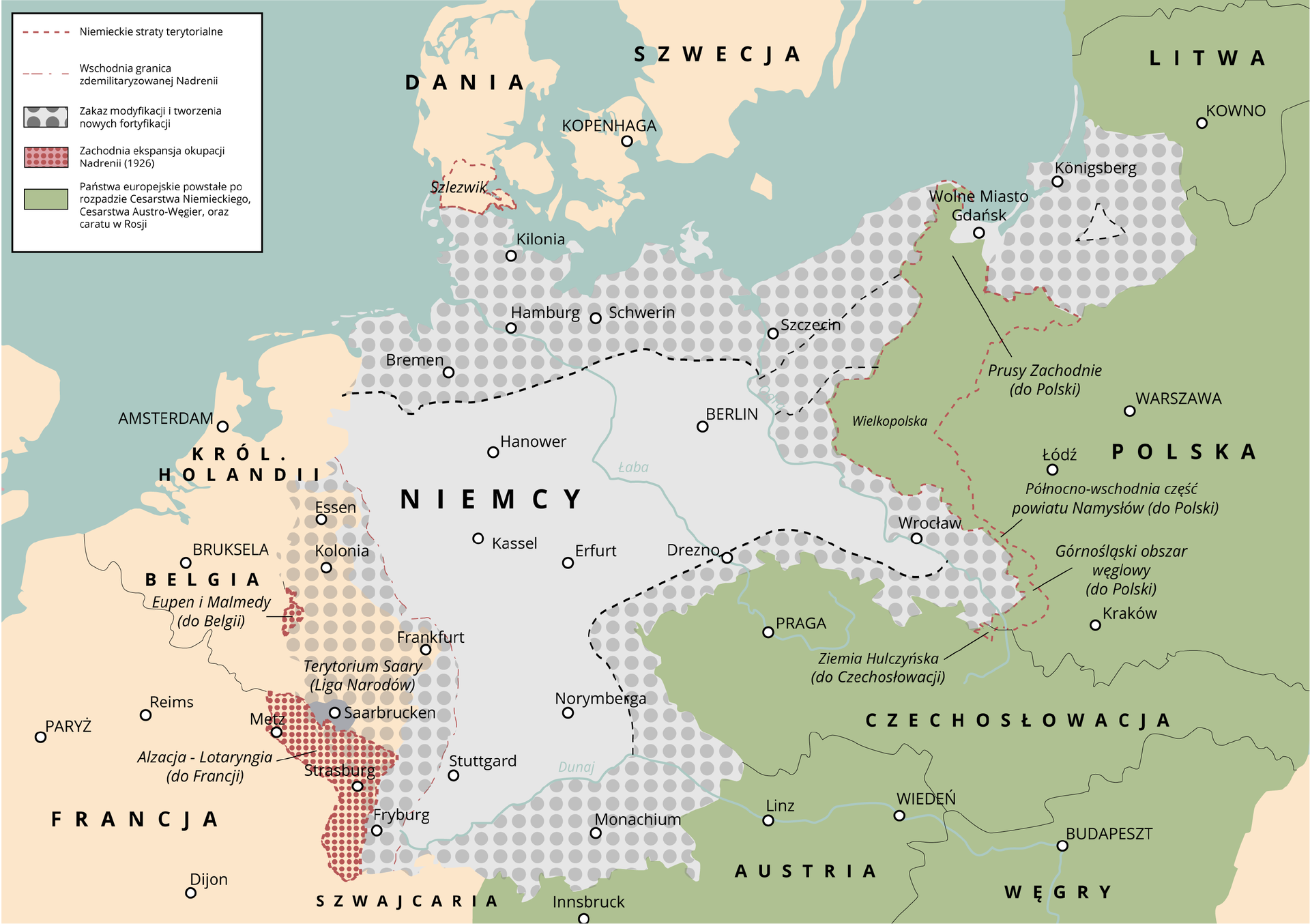 Mapa prezentuje środkową i wschodnią Europę po pierwszej wojnie światowej. Ukazane jest terytorium Niemiec, które straciły w wyniku traktatu wersalskiego 70 tysięcy kilometrów kwadratowych swojego terytorium. W wyniku ustaleń Francja odzyskała Alzację i północno‑wschodnią Lotaryngię. Belgia uzyskała dwa pograniczne powiaty dotąd należące do Prus: Eupen i Malmedy. Polska odzyskała znaczną część ziem zabranych jej przez Prusy w pierwszym i drugim rozbiorze: większą część Wielkopolski i znaczną część byłych Prus Królewskich; ponadto po plebiscycie na Górnym Śląsku część górnośląskiego zagłębia przemysłowego z Katowicami i Chorzowem. Gdańsk z przyległymi gminami i miastami Oliwą i Sopotem stał się Wolnym Miastem o charakterze odrębnego państwa. Dania uzyskała po plebiscycie przeprowadzonym w 1920 r. północną część Szlezwiku. Czechosłowacja uzyskała mały skrawek Górnego Śląska. Luksemburg, który do tego czasu wchodził w skład obszaru celnego Niemiec, został z niego wydzielony. Na północnych, wschodnich, południowych i zachodnich granicach Niemcy miały wyznaczony szeroki pas ziem, gdzie obowiązywał zakaz modyfikacji i tworzenia nowych fortyfikacji. Zaznaczone zostały na mapie także tereny zachodniej ekspansji okupacji Nadrenii na obszarze Belgii (Eupen i Malmedy zaczęły przynależeć do Belgii), a także na obszarze Francji (Alzacja‑Lotaryngia stała się własnością Francji). Wskazane zostały także powstałe po rozpadzie Cesarstwa Niemieckiego, Cesarstwa Austro‑Węgier oraz caratu Rosji, czyli: Polska, Litwa, Czechosłowacja, Austria, Węgry.