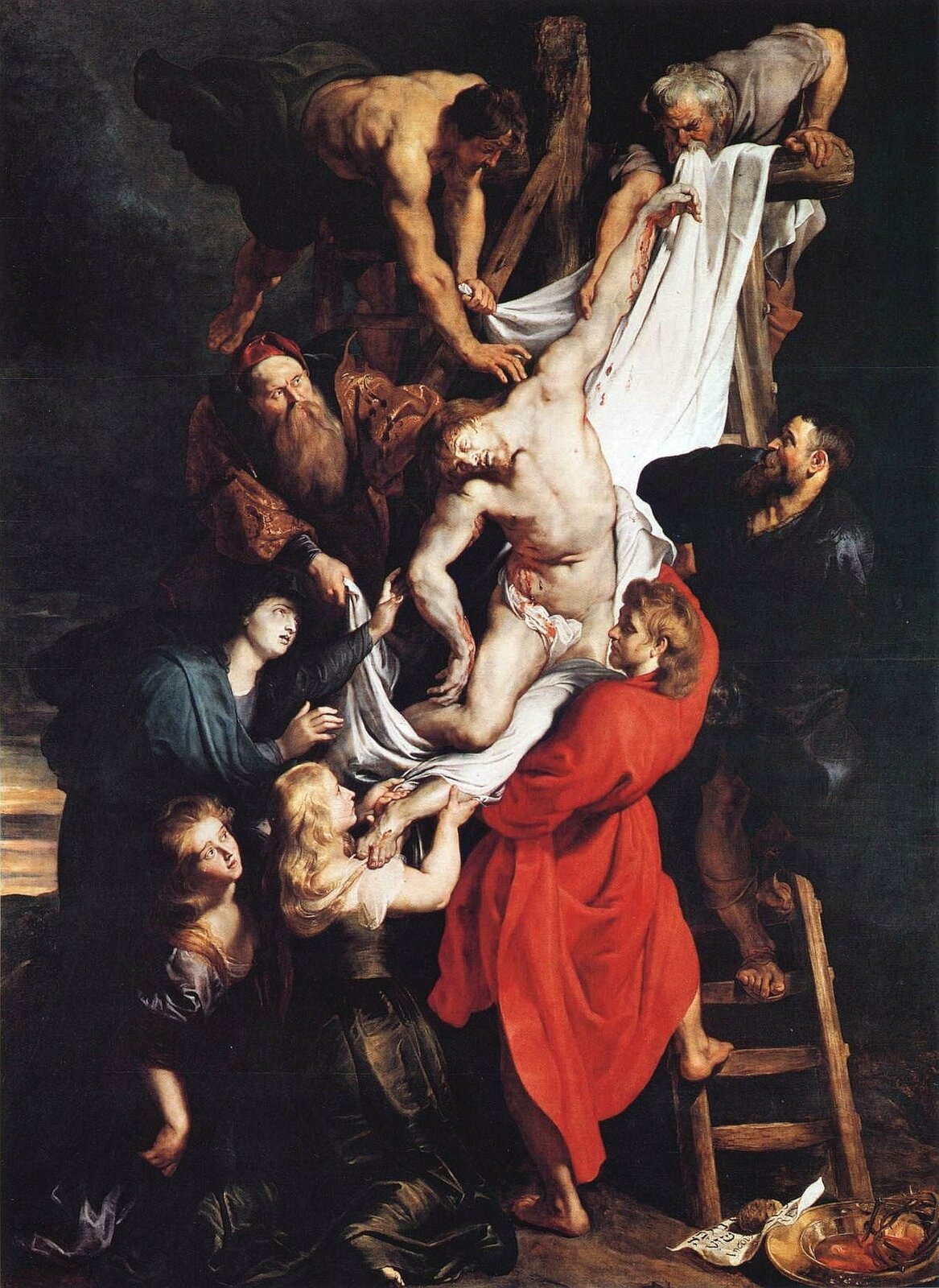 Ilustracja przedstawia obraz Petera Paula Rubensa „Zdjęcie z krzyża”. Na ilustracji ukazany jest moment ściągania z krzyża Chrystusa przez kilka osób. Pod krzyżem ustawiona jest drabina, na której stoi mężczyzna i podtrzymuje ściąganego Chrystusa. Na krzyżu znajduje się mężczyzna, który także pomaga podczas czynności ściągania, przytrzymuje bowiem białe płótno. Pod krzyżem ustawionych jest kilku mieszkańców. W tle widzimy także ciemne niebo.