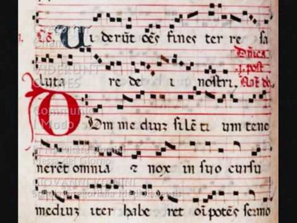 Fotografia przedstawia zapis muzyczny chorału gregoriańskiego „Viderunt omnes”