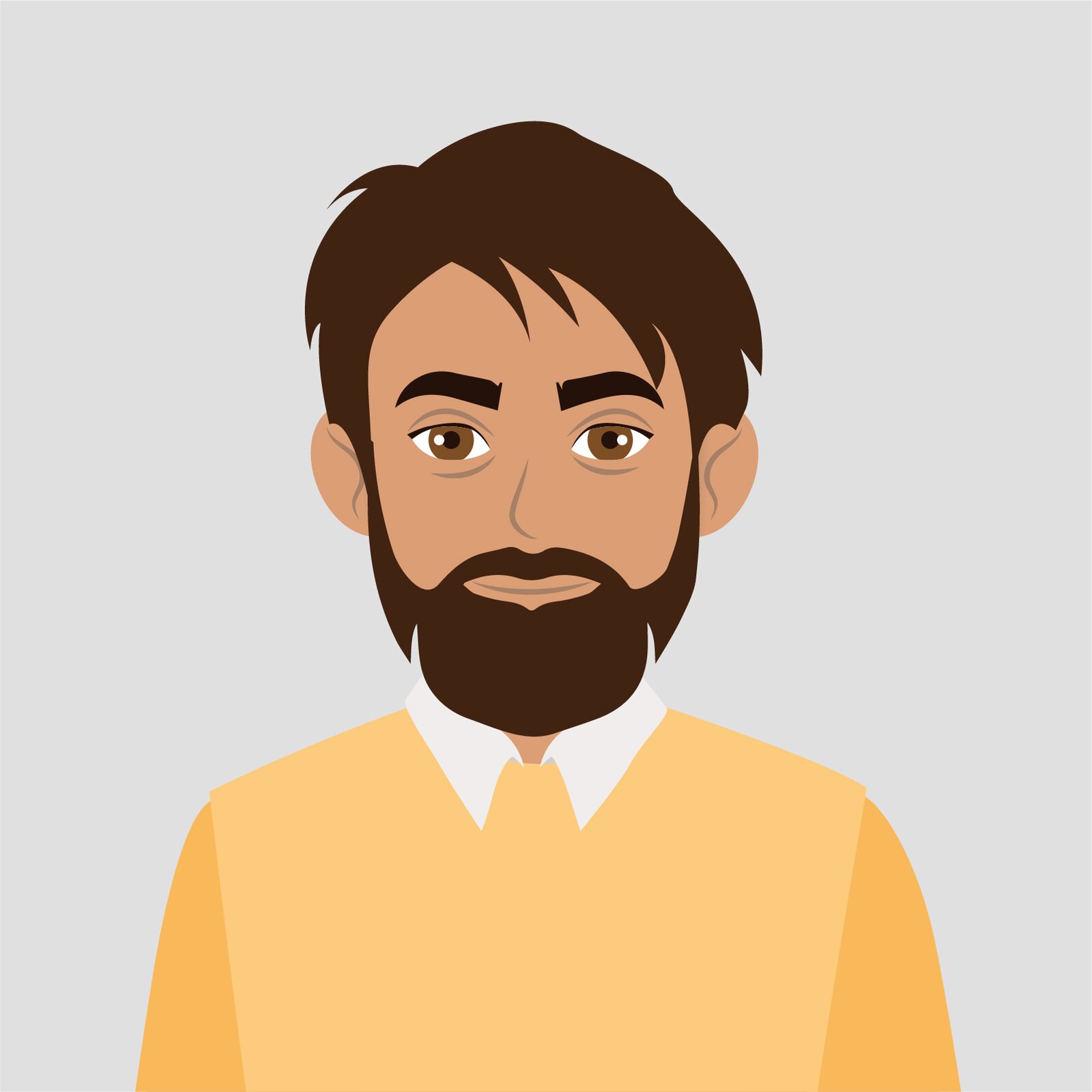 Ilustracja przedstawia mężczyznę z zadbanym zarostem, ubranego w żółty sweter i białą koszulę pod nim.