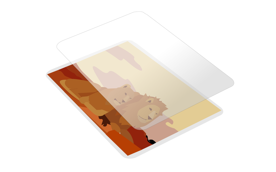 Rysunek przedstawia zdjęcie pary lwów oraz znajdującą się nad nią warstwą folii. Rysunek przedstawia moment nakładania folii na zdjęcie. 