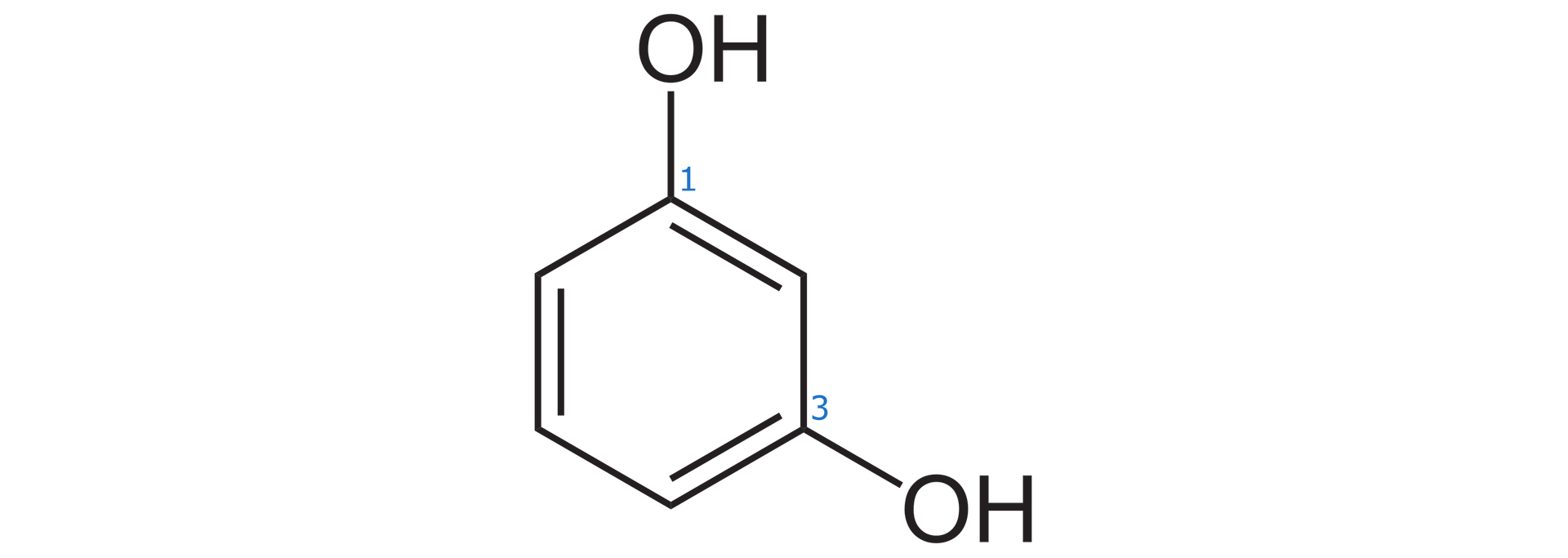 Na ilustracji wzór: sześcioczłonowy pierścień z trzema wiązaniami podwójnymi. Pierwszy atom węgla, na górze pierścienia, i trzeci - na dole po prawej stronie - łączą się z grupą O H.