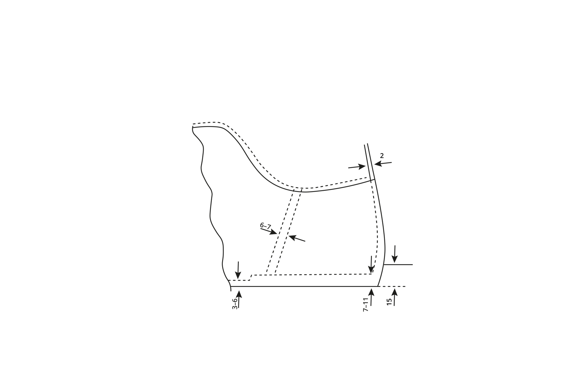 Grafika przedstawia projekt dwustronnego zapiętka z oznaczonymi liniami.