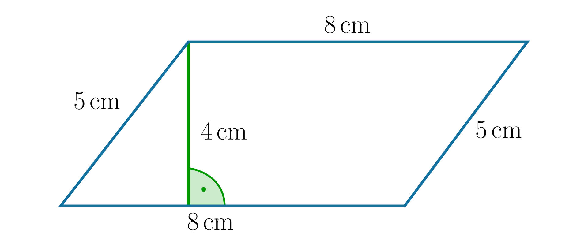 Ilustracja przedstawia równoległobok o bokach długości 8 cm i 5 cm oraz o wysokości 4 cm opadającej na bok o długości 8 cm.