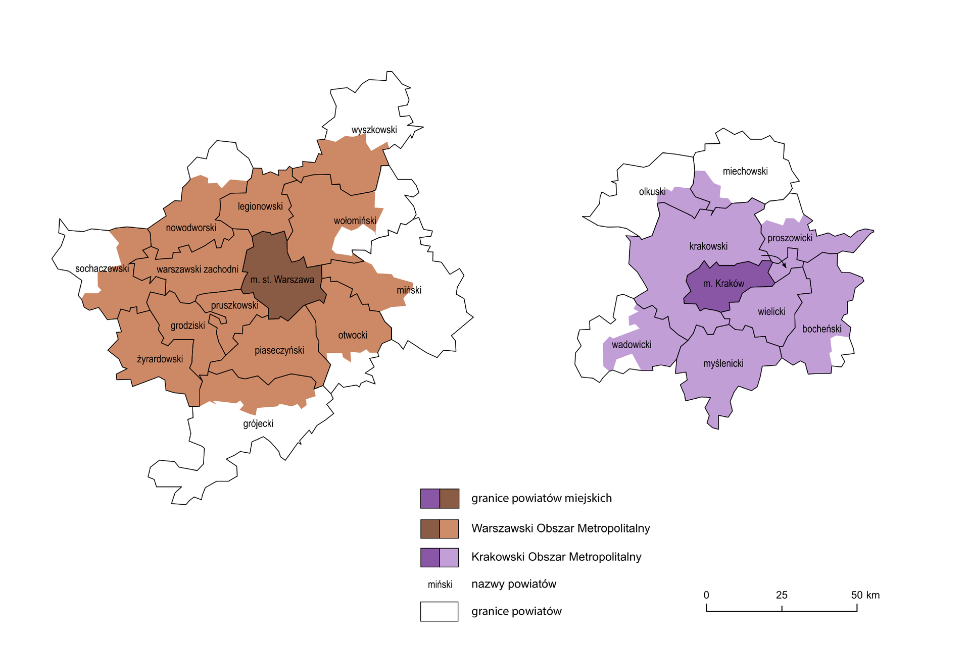 Plansza przedstawiająca zasięgi Warszawskiego i Krakowskiego Obszaru Metropolitalnego. Obok siebie umieszczono dwie mapki – z lewej strony prezentującą granice Warszawy i otaczających ją powiatów, a z prawej strony analogiczną mapkę prezentującą powiaty leżące wokół Krakowa. Na mapkach naniesiono nazwy powiatów. Na mapce Warszawskiego Obszaru Metropolitalnego teren Warszawy oznaczono kolorem ciemnobrązowym, a tereny powiatów, które należą do jej Obszaru Metropolitalnego kolorem jasnobrązowym. Kolorem jasnobrązowym w całości należą powiaty takie jak: legionowski, piaseczyński, żyrardowski, grodziski, pruszkowski, warszawski zachodni. Pozostałe powiaty częściowo zaznaczone to: sochaczewski, nowodworski, wyszkowski, wołomiński, miński, otwocki i grójecki. W podobny sposób postąpiono w przypadku Krakowskiego Obszaru Metropolitalnego – użyte kolory to ciemnofioletowy dla Krakowa i jasnofioletowy dla powiatów należących do omawianego Obszaru Metropolitalnego. Kolorem jasnofioletowym w całości należą powiaty takie jak: myślenicki, wielicki, krakowski. Pozostałe powiaty częściowo zaznaczone to: olkuski, miechowski, proszowicki, bocheński i wadowicki. Obszary te są kilkukrotnie większe od głównych miast znajdujących się w ich centrum. W prawym dolnym rogu planszy pozioma podziałka, na której jeden odcinek to dwadzieścia pięć kilometrów.