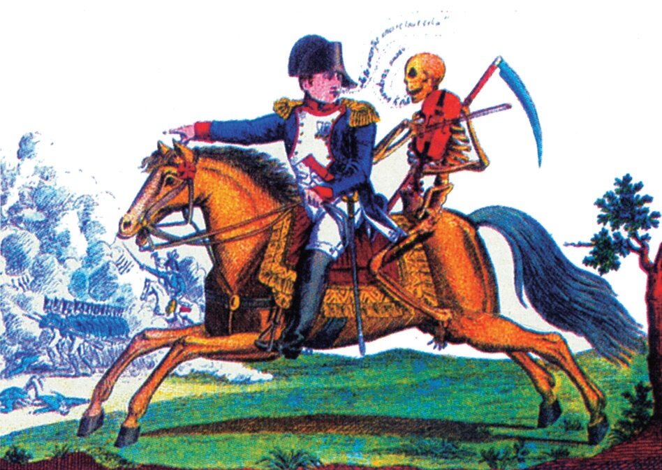 Ilustracja przedstawia Napoleona i śmierć, karykaturę z epoki. Mężczyzna jedzie konno, za nim siedzi szkielet ze skrzypcami i kosą. Napoleon wskazuje mu kierunek przed nimi. 