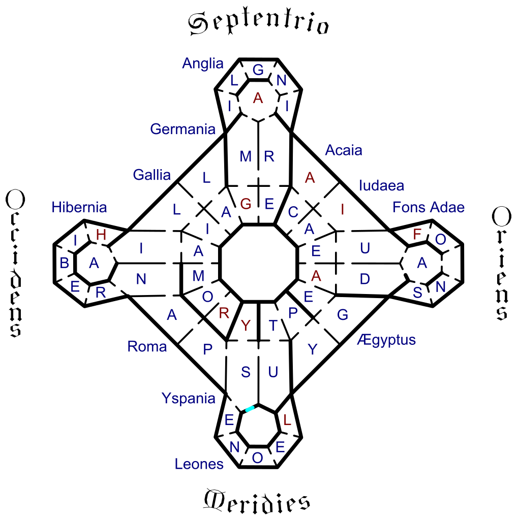 Ilustracja przedstawia plan labiryntu. Jest to kwadrat mający siedmiokąty w miejscu czterech kątów. Kwadrat ten jest obrócony tak, aby siedmiokąty wskazywały kierunki świata. Siedmiokąt znajdujący się u góry wskazuje północ. Nosi nazwę Septentrio. Znajduje się w nim pięć zewnętrznych komnat, oznaczonych literami I, N, G, L, I oraz wewnętrzna, oznaczona literą A. Tworzą one nazwę Anglia. Ściana północno‑wschodnia ukrywa zewnętrzne komnaty oznaczone literami: R, A, I, U oraz wewnętrzne: E, C, A, E. Tworzą one nazwy: Acaia i Iudaea. Siedmiokąt znajdujący się po prawej wskazuje wschód. Nosi nazwę Oriens. Znajduje się w nim pięć zewnętrznych komnat, cztery z nich są oznaczone literami F, O, N, S, Jedna z nich nie jest oznaczona. Wewnętrzna komnata oznaczona jest literą A. Tworzą one nazwę Fons Adae. Ściana wschodnio‑południowa ukrywa zewnętrzne komnaty oznaczone literami: D, G, Y, U oraz wewnętrzne: A, E, P, T. Tworzą one nazwę: Ægyptus. Siedmiokąt znajdujący się u dołu wskazuje południe. Nosi nazwę Meridies. Znajduje się w nim pięć zewnętrznych komnat, oznaczonych literami L, E, O, N, E oraz wewnętrzna, nieoznaczona. Tworzą one nazwę Leones. Ściana południowo‑zachodnia ukrywa zewnętrzne komnaty oznaczone literami: S, P, A, N oraz wewnętrzne: Y, R, O, M. Tworzą one nazwy: Yspania i Roma. Siedmiokąt znajdujący się po lewej wskazuje zachód. Nosi nazwę Occidens. Znajduje się w nim pięć zewnętrznych komnat, oznaczonych literami H, I, B, E, R oraz wewnętrzna, oznaczona literą A. Tworzą one nazwę Hibernia. Ściana zachodnio‑północna ukrywa zewnętrzne komnaty oznaczone literami: I, L, L, M oraz wewnętrzne: A, I, A, G. Tworzą one nazwy: Gallia i Germania. Litery rozpoczynające wszystkie nazwy są dodatkowo oznaczone odmiennym kolorem. Pierścień utworzony przez wewnętrzne komnaty ma kształt ośmiokąta.