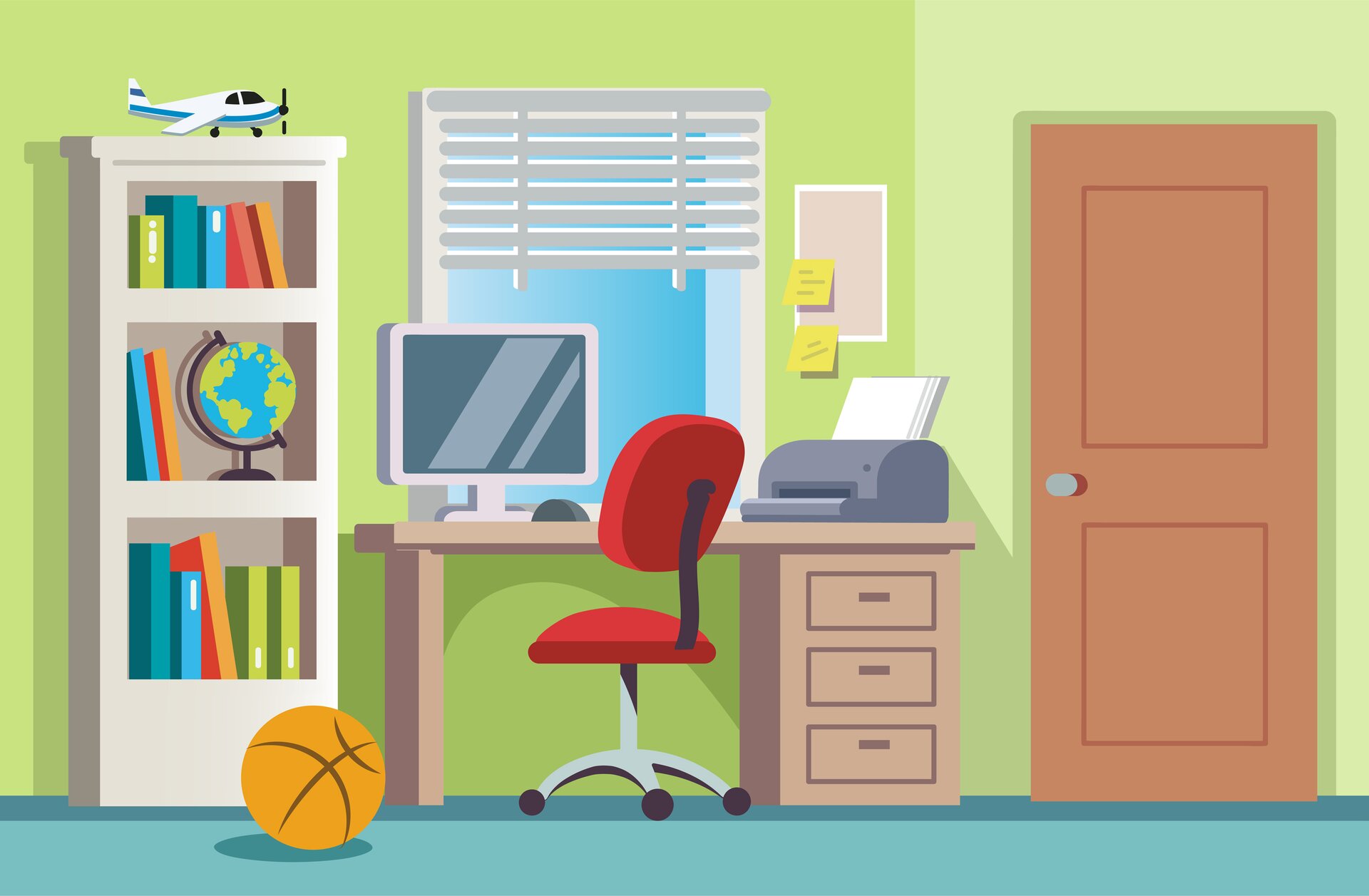 Ilustracja przedstawia pokój. Piłka do koszykówki leży na podłodze. Obok biurka stoi regał, na którym stoją książki, globus i model samolotu. Na biurku stoi komputer i drukarka.