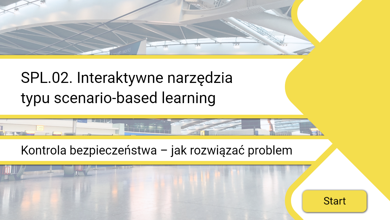 Grafika przedstawia ekran startowy gry typu scenario‑based learning. Na środku znajduje się tytuł gry Kontrola bezpieczeństwa - jak rozwiązać problem, kod kwalifikacji oraz w prawym dolnym rogu przycisk start.