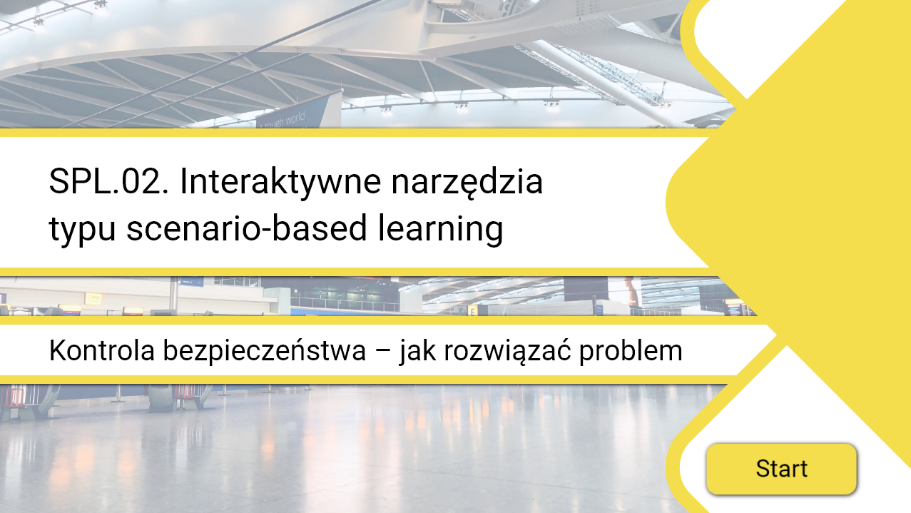 Grafika przedstawia ekran startowy gry typu scenario‑based learning. Na środku znajduje się tytuł gry Kontrola bezpieczeństwa - jak rozwiązać problem, kod kwalifikacji oraz w prawym dolnym rogu przycisk start.