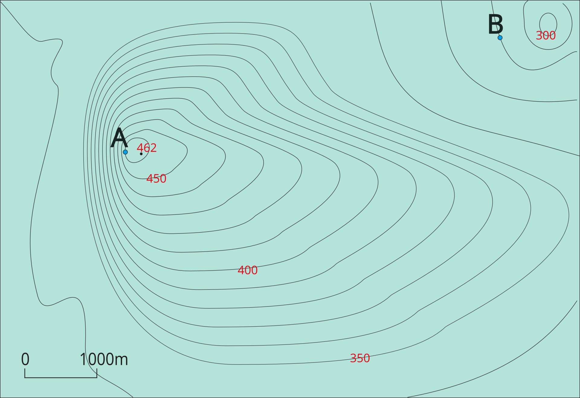 Grafika przedstawiająca mapę poziomicową wzgórza.