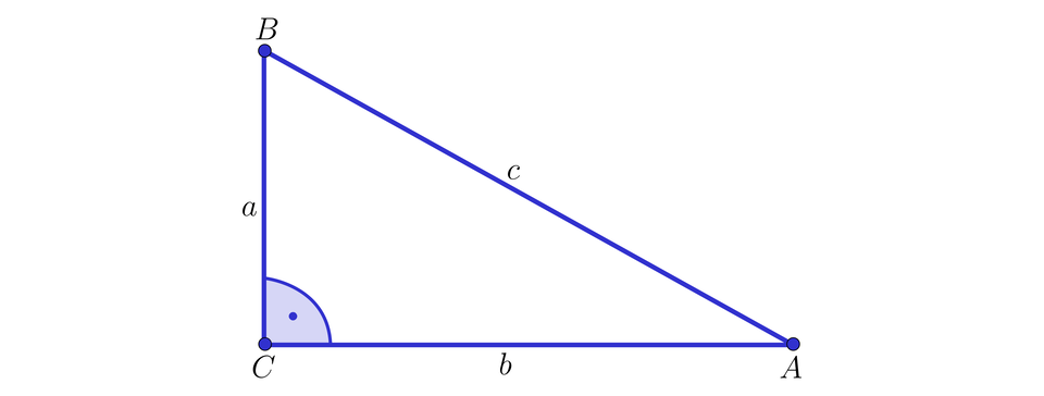Ilustracja przedstawia trójkąt prostokątny A B C. Trójkąt leży na poziomej przyprostokątnej A C o długość b. Jego druga przyprostokątna B C ma długość a, natomiast jego przeciwprostokątna A B ma długość c. 