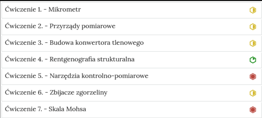 Zrzut ekranu przedstawia harmonię z ćwiczeniami interaktywnymi. Składa się ona z zakładek w formie poziomych pasków jeden pod drugim. Na każdym pasku znajduje się numer ćwiczenia i tytuł odnoszący się do partii materiału, której dotyczy oraz z poziomu trudności. Ćwiczenie jeden Mikrometr. poziom średni. Ćwiczenie dwa. Przyrządy pomiarowe. poziom średni. Ćwiczenie trzy. Budowa konwertora tlenowego. poziom średni. Ćwiczenie cztery. Rentgenografia strukturalna. poziom łatwy. Ćwiczenie pięć. Narzędzia kontrolno‑pomiarowe. poziom trudny. Ćwiczenie sześć. Zbijacze zgorzeliny. poziom średni. Ćwiczenie siedem. Skala Mohsa. poziom trudny.