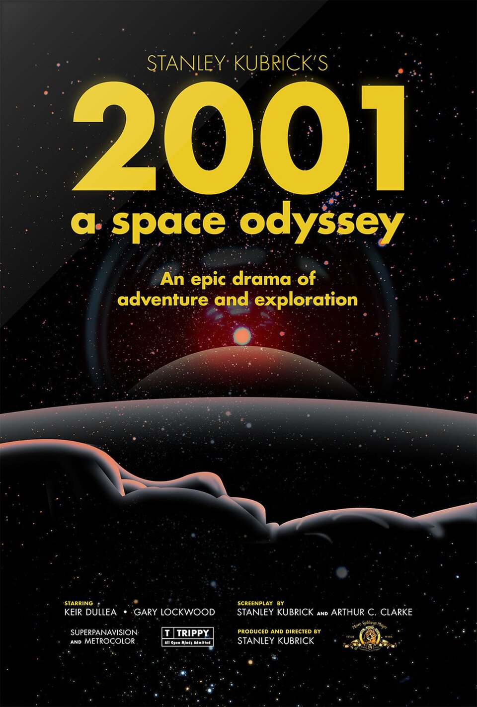 Ilustracja przedstawia plakat filmu, na którym widać w oddali słońce i planetę na czarnym tle. W górnej części są żółte napisy z tytułem 2001 a spacy odyssey, An epic drama of adventure and exploration, (tłum: Kosmiczna odyseja, epicki dramat o przygodzie i odkrywaniu). Na dole plakatu, na pierwszym planie widać głowę i piersi niemowlęcia.